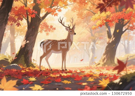 插畫材料：一隻站在秋葉森林裡的鹿 130672950