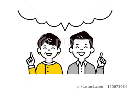 Vector illustration of upper body of men and women in their 40s and 50s giving advice with a big speech bubble and a smile Vector illustration of upper body of men and women in their 40s and 50s giving advice with a big speech bubble and a smile 130673084