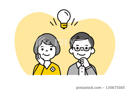 A large light bulb and a grandfather and grandmother solving a problem, upper body vector illustration A large light bulb and a grandfather and grandmother solving a problem, upper body vector illustration 130673085