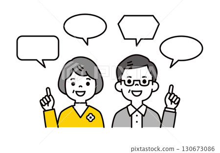 Various speech bubbles and a cute elderly couple explaining the points, upper body vector illustration 130673086