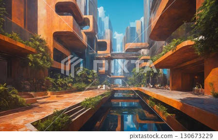 從建築物之間看到的藍天和噴泉 130673229