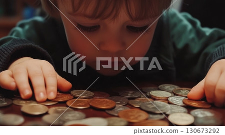 Child explores a colorful assortment of coins while examining them closely on a wooden table in a cozy indoor space 130673292