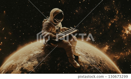 Astronaut creates music on keyboard while sitting on a distant planet in outer space 130673299