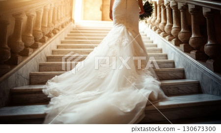 Bride ascends elegant staircase in wedding dress, capturing a moment of anticipation and grace at a historic venue 130673300