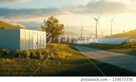 Renewable energy setup with solar panels and wind turbines at sunset in a serene landscape Renewable energy setup with solar panels and wind turbines at sunset in a serene landscape 130673356