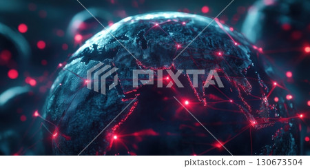 Global connectivity visualized with a dark, detailed world map and bright red network lines illuminating key regions of Asia and Europe Global connectivity visualized with a dark, detailed world map and bright red network lines illuminating key regions of Asia and Europe 130673504