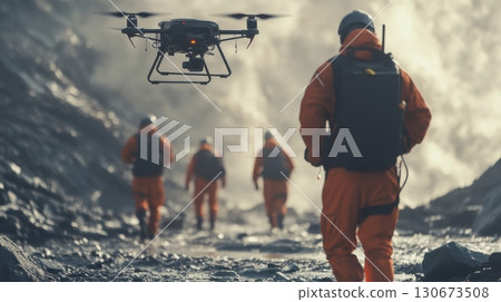 Rescue team navigating rocky terrain with drone assistance in a volcanic area during daylight 130673508
