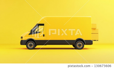 Bright yellow delivery truck parked on a vivid yellow background with a modern design ideal for logistics and transportation solutions 130673606
