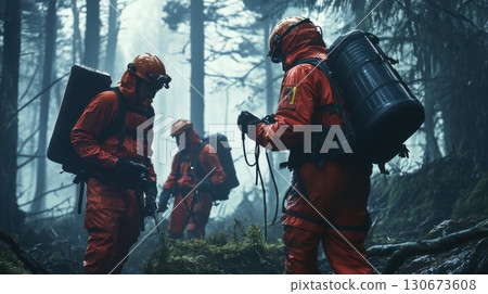 Emergency responders in bright orange suits conduct a search and rescue operation in a dense forest during misty weather 130673608