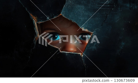 Child gazes through cracked surface with curiosity during a dimly lit moment 130673609