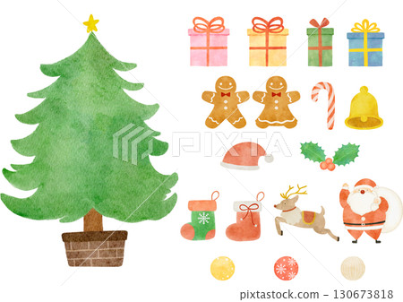 Watercolor Christmas tree illustration set 130673818