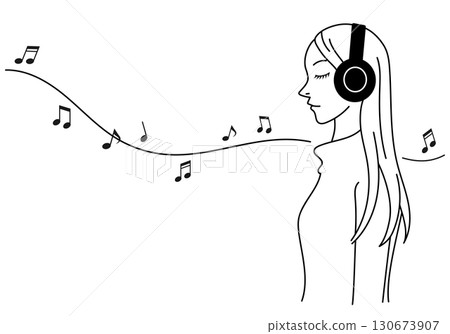 簡單而時尚的線條畫,描繪了一位戴著無線耳機聽音樂的年輕女子的側面形象 簡單而時尚的線條畫,描繪了一位戴著無線耳機聽音樂的年輕女子的側面形象 130673907