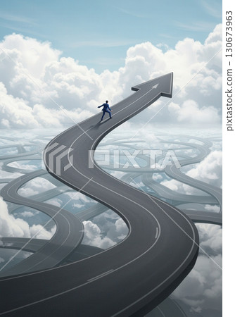 Businessman Climbing Curved Arrow Road Symbolizing Success 130673963