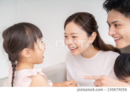 Parent and daughter, family of four, girl opening her mouth 130674056