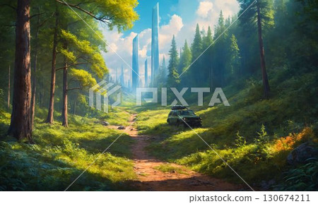 Forest wrapped in fog 130674211