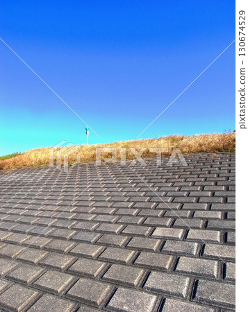 Edogawa River bank with dead grass and blue sky in winter 130674529