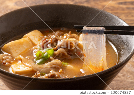 Beef mapo tofu soup with extra thick glass noodles Beef mapo tofu soup with extra thick glass noodles 130674827