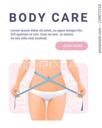 Body care woman measuring waist fitness wellness slim female holding tape measure in underwear healthy lifestyle pastel background website banner 130675318