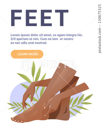 Feet care wellness hands touching legs tropical leaves flat color background website banner 130675325