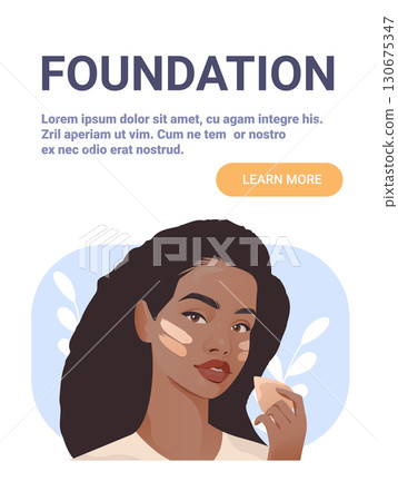 Foundation makeup application woman holding sponge testing skin tone swatches on face modern beauty skincare concept pastel background website banner Foundation makeup application woman holding sponge testing skin tone swatches on face modern beauty skincare concept pastel background website banner 130675347