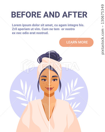 Before and after skincare treatment woman face split comparison healthy glowing skin towel headband robe botanical background pastel colors 130675349