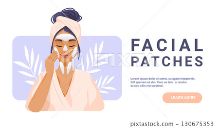 Woman applying facial patches skincare self-care beauty routine spa towel on head pastel background leaves modern banner template 130675353