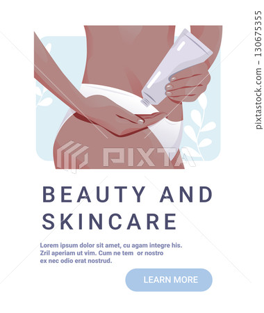 Beauty skincare body lotion application woman hand holding cream tube applying moisturizer to hip minimal background website banner 130675355