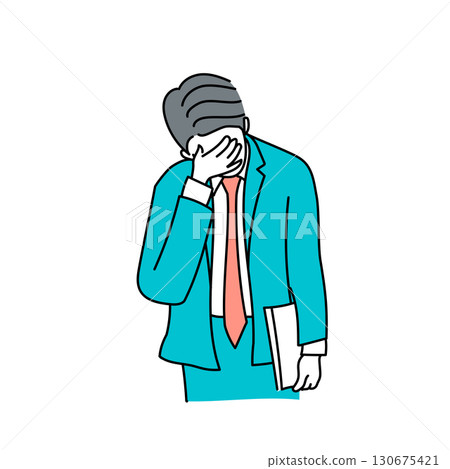 Stock Illustration: A male businessman in a suit covering his face with his hands and feeling depressed Stock Illustration: A male businessman in a suit covering his face with his hands and feeling depressed 130675421