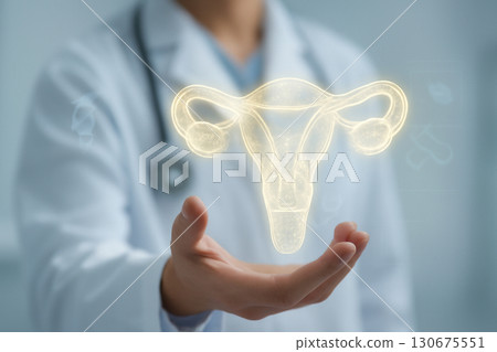 AI generated digital art of a futuristic medical visualization a holographic uterus held by a doctor. 3D model highlights intricate details of the reproductive system in a modern medical setting. AI generated digital art of a futuristic medical visualization a holographic uterus held by a doctor. 3D model highlights intricate details of the reproductive system in a modern medical setting. 130675551