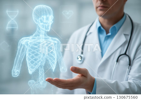 AI generated futuristic medical visualization with a digital skeleton hologram, illustrating advanced healthcare technology and human-AI interaction in a sterile medical environment. 130675560