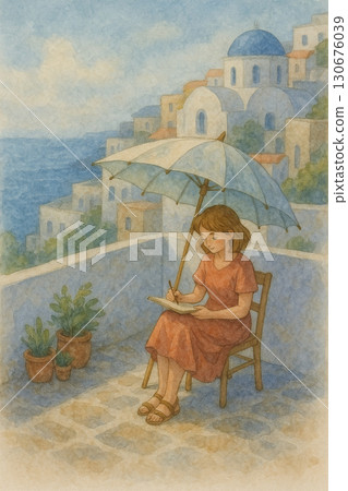 希臘小鎮女孩撐傘寫生 插畫 水彩風格 130676039