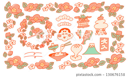 A set of line drawings of Mt. Fuji, Kagami mochi, and ozoni for the New Year. A set of line drawings of Mt. Fuji, Kagami mochi, and ozoni for the New Year. 130676158