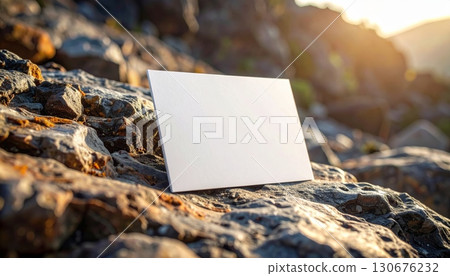 Blank Paper Card on Stone in Mountain Scenery 130676232