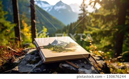 An old book rests on a snow-covered peak, surrounded by a serene alpine landscape An old book rests on a snow-covered peak, surrounded by a serene alpine landscape 130676244