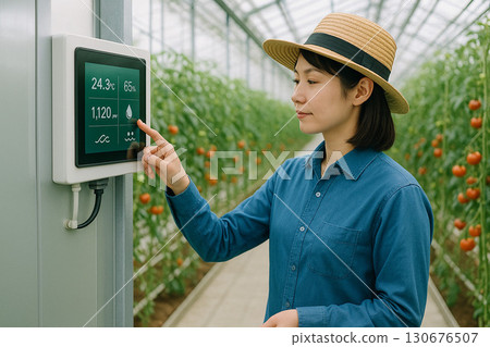 一名女士正在檢查智慧溫室中的感測器 130676507