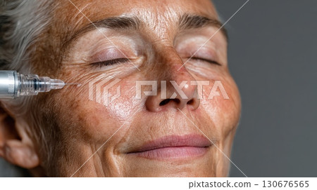 Beautician applying anti-aging treatment on senior woman face Beautician applying anti-aging treatment on senior woman face 130676565