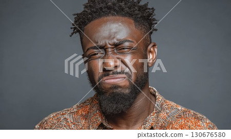 Young man expressing disgust and distaste on gray background 130676580