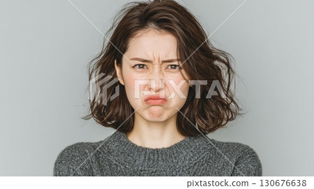 Young woman making disgusted face expression 130676638