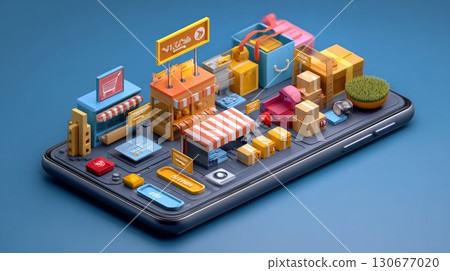 Miniature grocery store emerging from smartphone screen: embracing online shopping Miniature grocery store emerging from smartphone screen: embracing online shopping 130677020