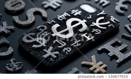 Dollar sign leading international currency symbols embossed on black leather 130677033