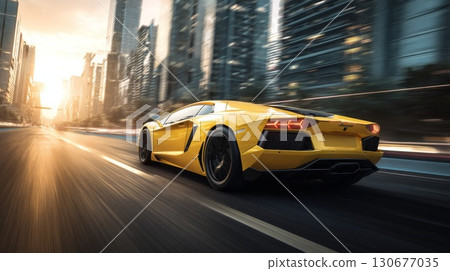 Yellow lamborghini aventador speeding through city at sunset 130677035