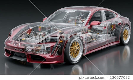 Transparent porsche panamera showing internal components and chassis 130677052