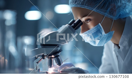 Scientist working with microscope in laboratory wearing protective glasses and mask 130677108