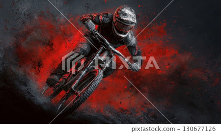 Professional cyclist performing extreme downhill mountain biking on red background 130677126