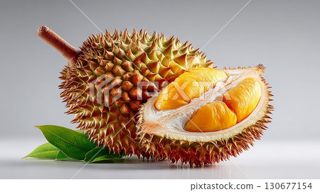 Fresh ripe durian fruit showing its delicious golden yellow flesh 130677154