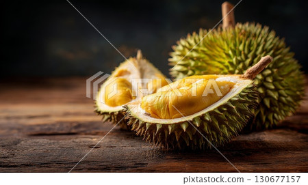 Fresh ripe durian fruit showing its delicious golden yellow flesh 130677157