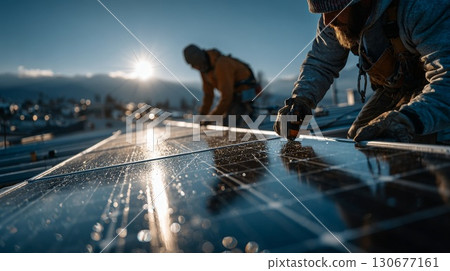 Workers installing solar panels on residential house roof 130677161