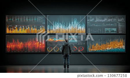 Businessman analyzing financial data on multiple screens in a dark room Businessman analyzing financial data on multiple screens in a dark room 130677258