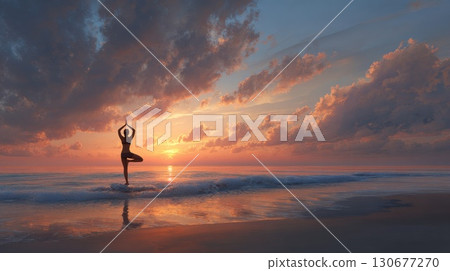 Woman meditating on rock at sunset on tropical beach 130677270