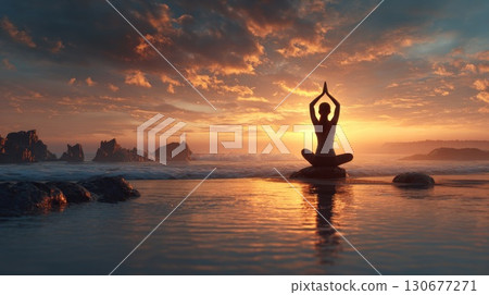Woman meditating on rock at sunset on tropical beach 130677271